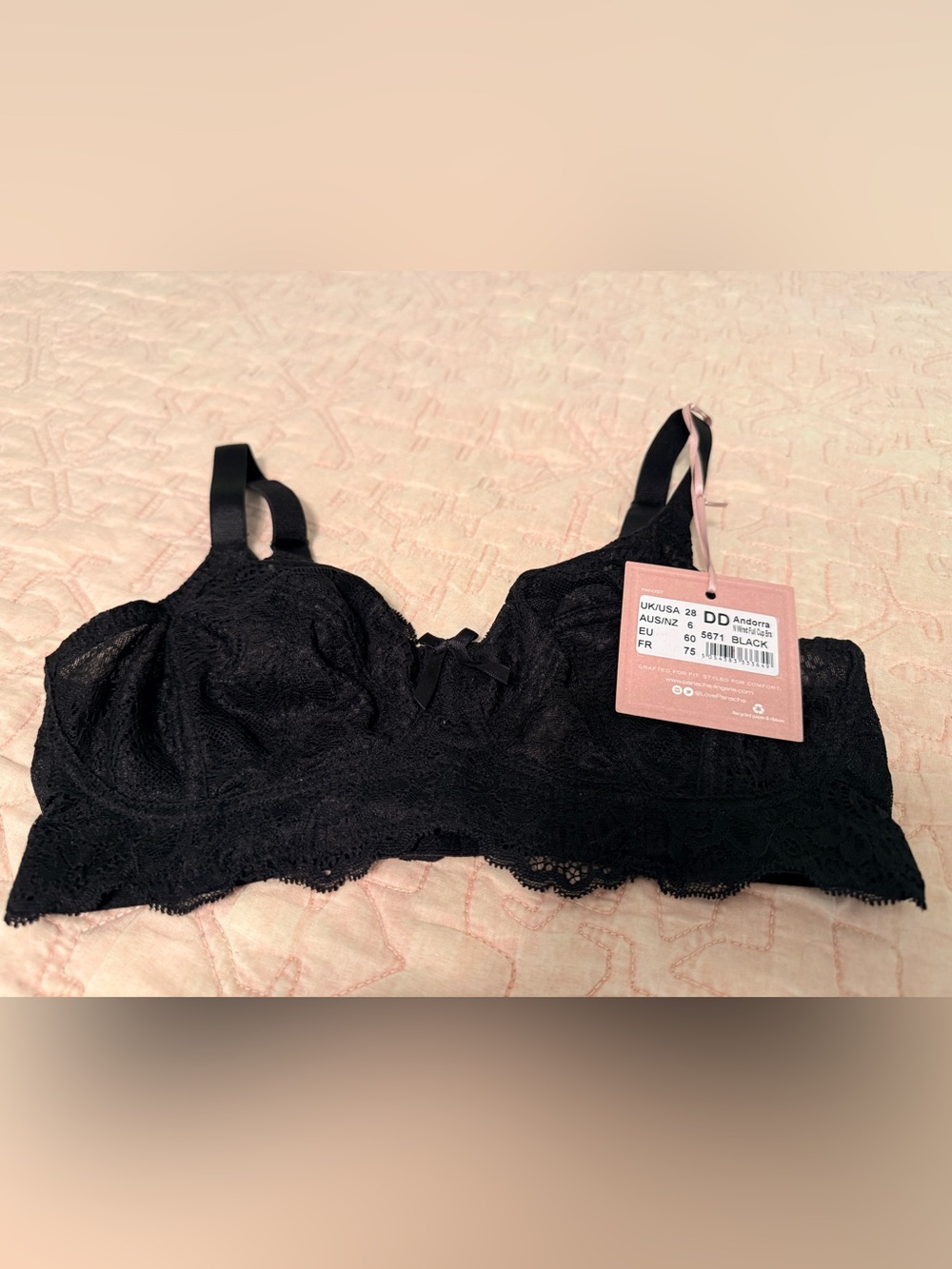 NWT Panache Black Lace 28 DD Wired Full Cup Bra